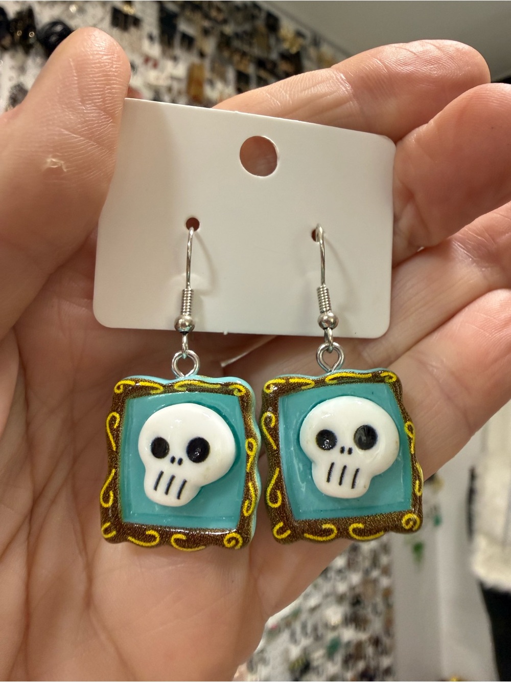 Handmade Skull Frame Dangle Earrings - Turquoise and Brown